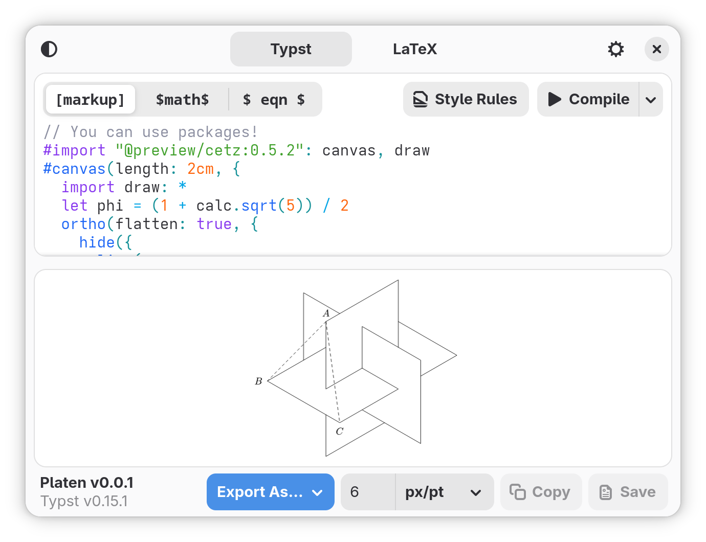 Using the CetZ package from Typst Universe.